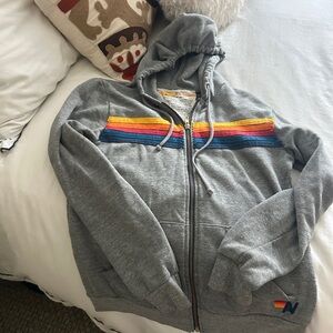 Aviator Nation Gray Zip Hoodie with Yellow Pink Blue Stripe